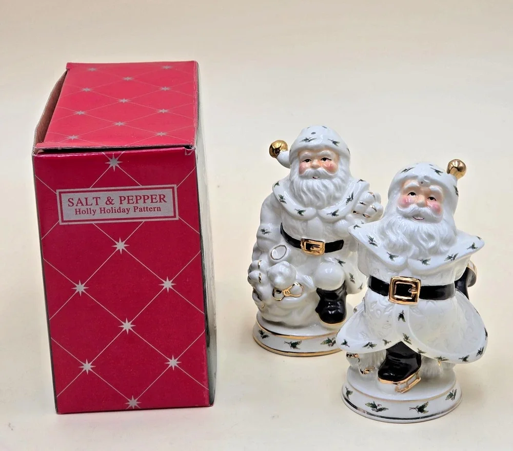 Holly Holiday Santa Ceramic Salt & Pepper Shakers Gold Trim Home Vintage 1999